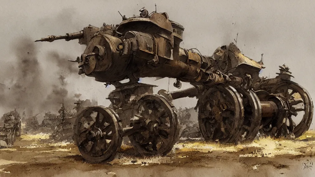 Image similar to big bertha artillery howitzer from world war i, watercolored, jakub rozalski, dark colours, dieselpunk, artstation