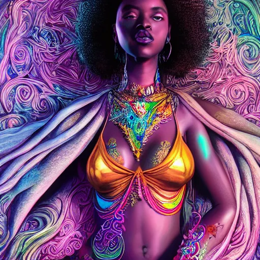 Prompt: the portrait of the absurdly beautiful, graceful, elegant, gorgeous, sensual black young goddess made of rainbow crystals, an ultrafine hyperdetailed illustration by kim jung gi, irakli nadar, intricate linework, bright colors, octopath traveler, unreal engine 5 highly rendered, global illumination, radiant light, intricate environment