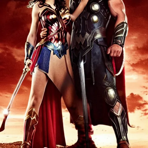 Image similar to chris hemsworth as thor, and gaul gadot as wonder woman, romantic movie scene, kissing, making out, photo