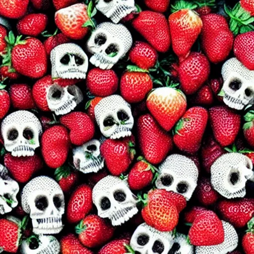 Image similar to a super detailed lomography photo of a closeup of a strawberry, and every seed is a tiny human skull.