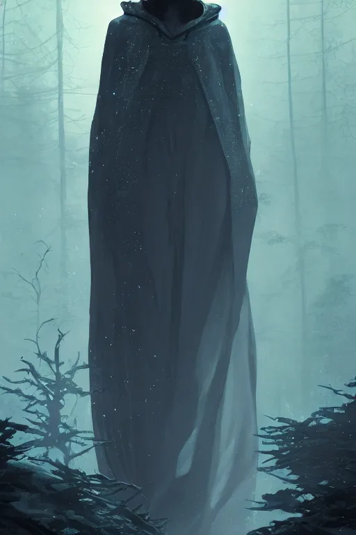 Image similar to a full body portrait of a mysterious goddess with a very long hooded cloak made of stars and clouds walking through a forest,, by maciej kuciara and jason chan and makoto shinkai, ominous, cosmic horror, trending on artstation, ultra detailed, hyper realistic 4 k, volumetric light