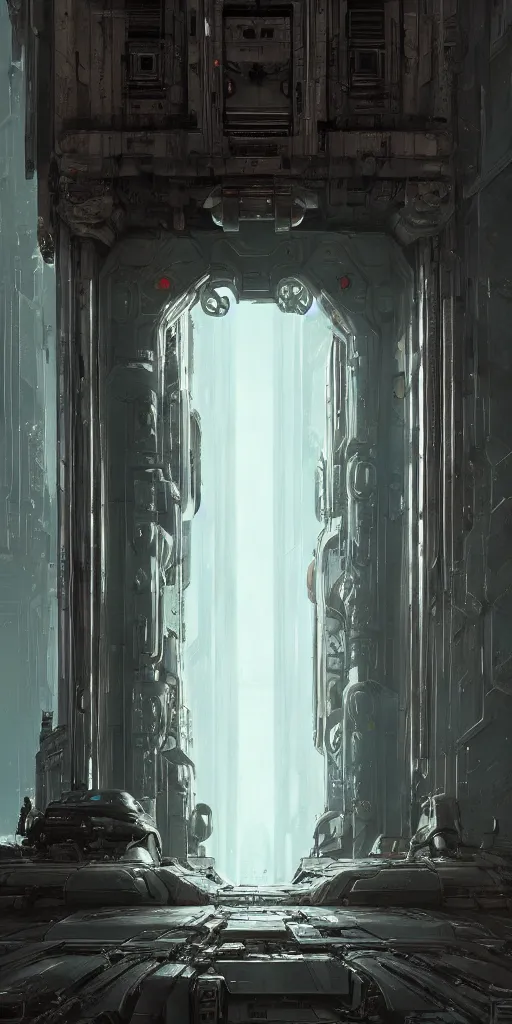 Image similar to hyper realistic ornate sci - fi double door by maciej kuciara, darek zabrocki