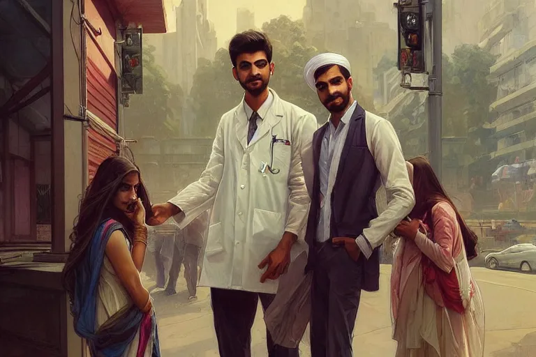 Image similar to Anxious good looking pale young Indian doctors wearing American clothes outside a hospital, portrait, elegant, intricate, digital painting, artstation, concept art, smooth, sharp focus, illustration, art by artgerm and greg rutkowski and alphonse mucha