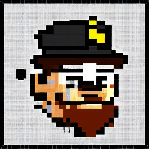 Image similar to 32x32 pixel art of an old grumpy ship captain, white beard, white cap, black coat, yellow background