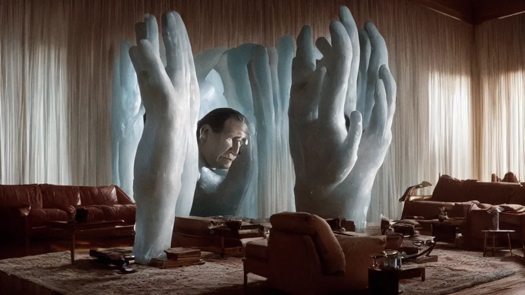 Prompt: giant hand made of wax and water floats through the living room, film still from the movie directed by Denis Villeneuve with art direction by Salvador Dalí, wide lens