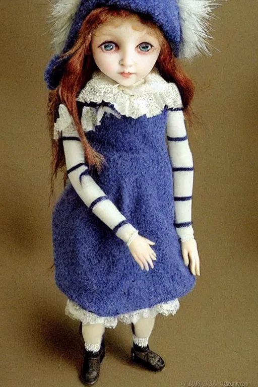 Prompt: cute doll girl big eyed with blue striped dress and fuzzy hat by jean - baptiste monge