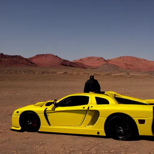 Image similar to a man wearing a yellow hazmat suit, next to a saleen s7 in the desert, directed by Alan resnick