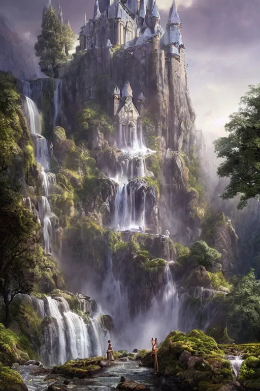 Prompt: low angle shot of a beautiful elven castle made of silver, huge waterfalls, lovely valley, by James Gurney, by Greg Rutkowski, concept art, volumetric lighting, intricate, vivid colors, octane render, trending on artstation, 8k