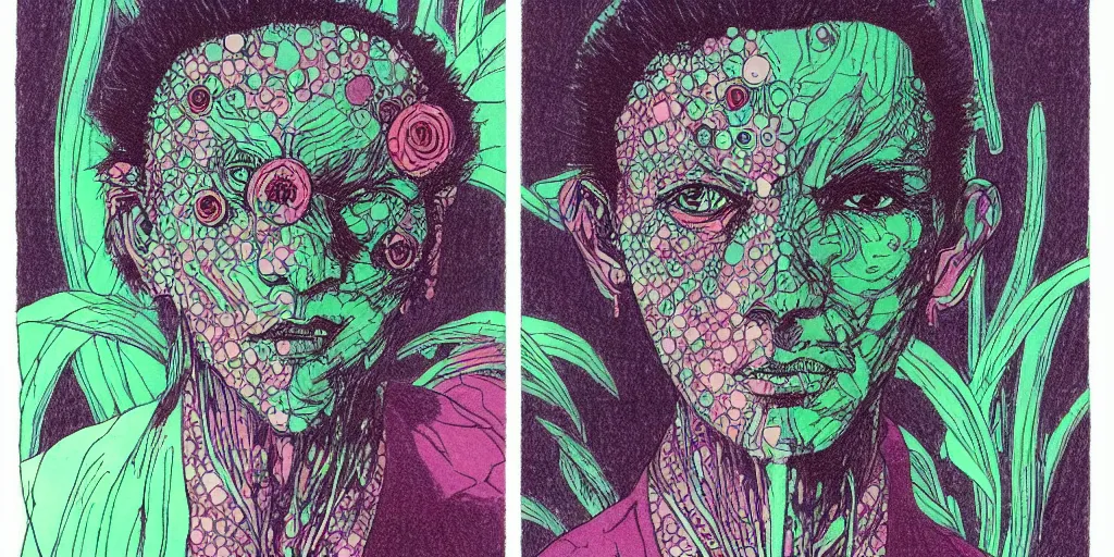 Image similar to risograph grainy drawing futuristic sci - fi antagonist face wearing earrings, photorealistic colors, face covered with plants and flowers, by moebius and satoshi kon and dirk dzimirsky close - up portrait, hyperrealistic