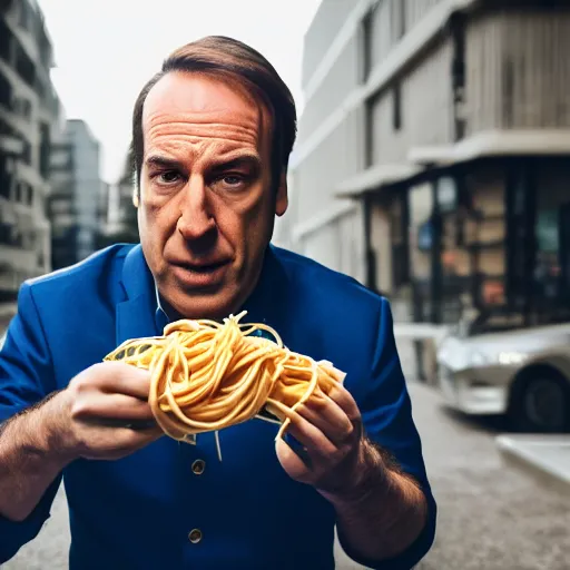 Image similar to saul goodman eating spaghetti, ( sony a 7 r iv, symmetric balance, polarizing filter, photolab, lightroom, 4 k, dolby vision, photography awardm, voque, perfect face )