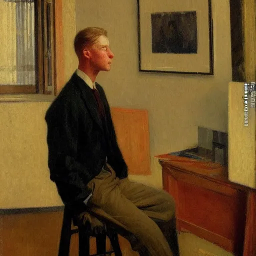 Prompt: Harold knight painting of a man posing in a studio,