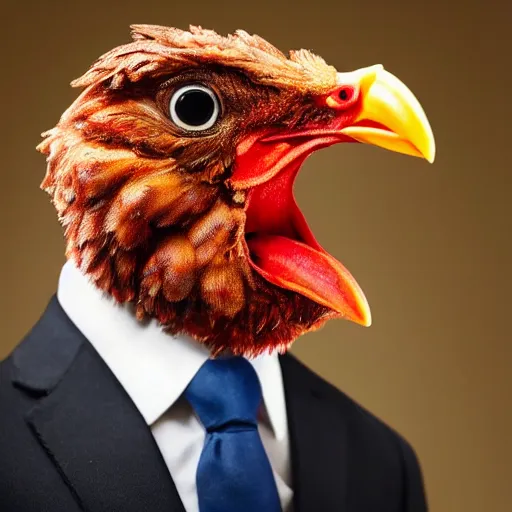 Image similar to a high detail shot of an antropomorphic chicken wearing a suit, realism, 8k