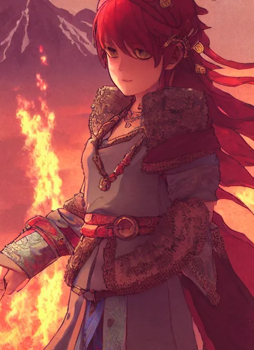 Image similar to character portrait of the ruby herald at the volcano temple, hidari, color page, tankoban, 4K, tone mapping, Akihiko Yoshida.