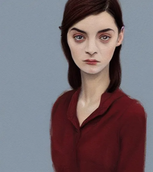 Image similar to https://s.mj.run/SVF9-OTU880 portrait of a welsh teenage girl with brown hair, glowing skin, delicate features, amelie poulain, fantasy, small mouth, quiet beauty, intricate, elegant, dress shirt, highly detailed, digital painting, artstation, concept art, smooth, sharp focus, illustration, art by Krenz Cushart and Artem Demura and alphonse mucha