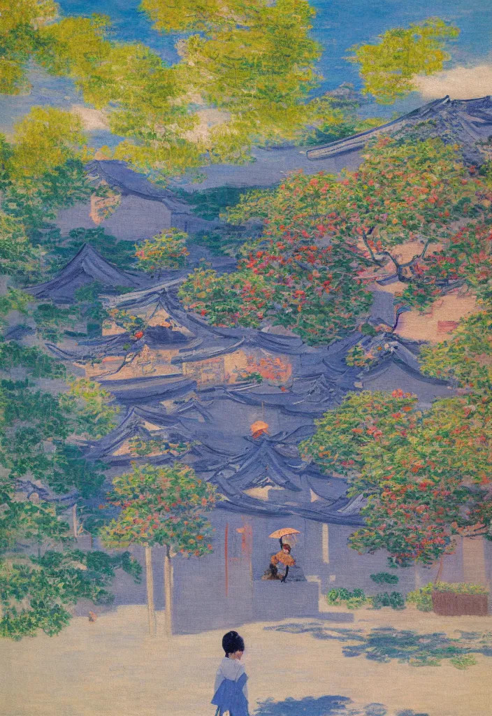 Image similar to tiny samurai in front of a futuristic japanese country side landscape, edo era house in the background, blue sky, magnificient clouds, lofi vibe, vivide colors, amazing light, really beautiful nature, oil painting, impressionist style, by claude monet, by ghibli, kandinsky touches, multiple brush strokes, masterpiece