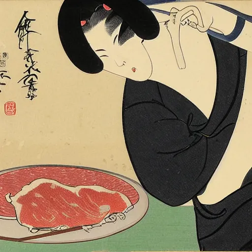 Image similar to angry japanese man giving cat a slice of meat, vintage, painting by utamaro