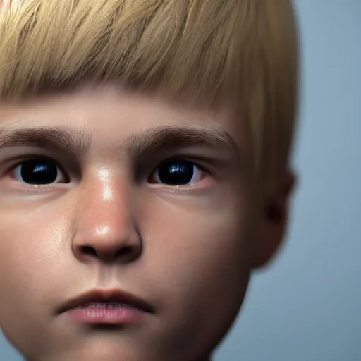 Image similar to detailed face of boy with blonde hair and brown eyes, unreal engine 5 rendered, incredibly highly detailed and realistic, 8 k, sharp focus, studio quality