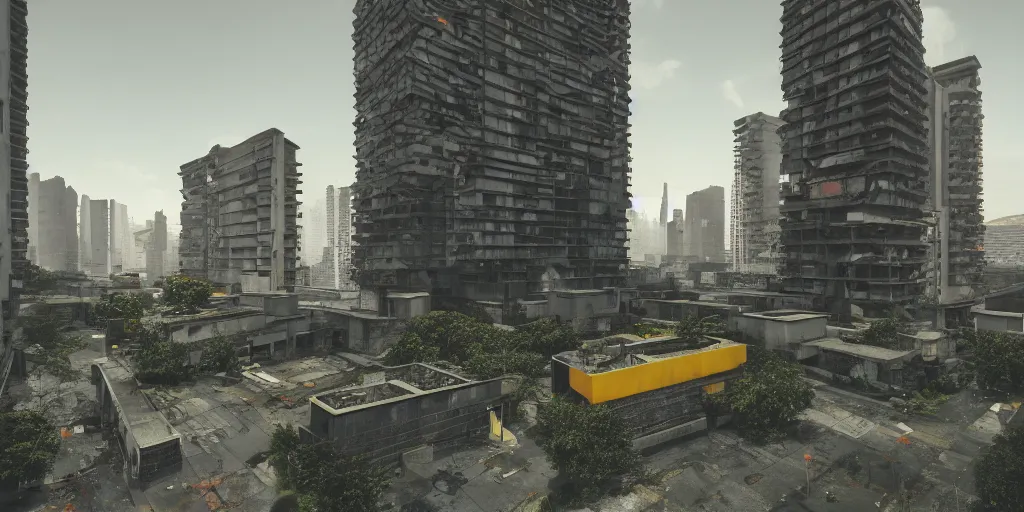 Image similar to brutalist yellow and black concrete cyberpunk with red and orange glow, architecture by Le Corbusier, abandoned red buildings, empty streetscapes, surrounded by lush green vegetation, ground-level view, puddles of water, stunning volumetric lighting, sunset, trending on Artstation, 8k, photorealistic, hyper detailed, unreal engine 5, cinematic, epic lighting, cryengine, octane render, dark, gloomy, foggy