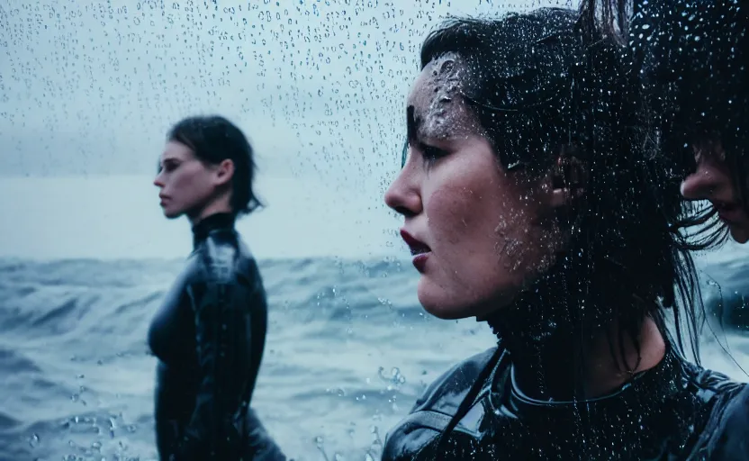 Image similar to cinestill 5 0 d candid action photographic portrait by quentin tarantino of two loving female androids wearing rugged black mesh techwear in treacherous waters, extreme closeup, modern cyberpunk retrofuturism moody emotional cinematic, pouring iridescent rain, 8 k, hd, high resolution, 3 5 mm, f / 3 2, motion blur, ultra realistic faces, ex machina