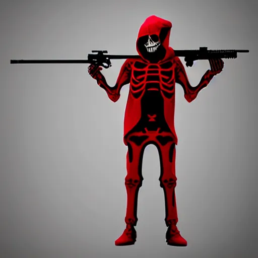 Image similar to a skeleton in a red hoodie with a rifle ultrarealism