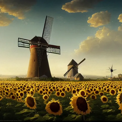 Prompt: a portrait of an sunny town full of sunflowers and villages and an windmill in the middle, Matte painting , detailed painting, made by Greg Rutkowski, 4k resolution, atmospheric, extremely high detail