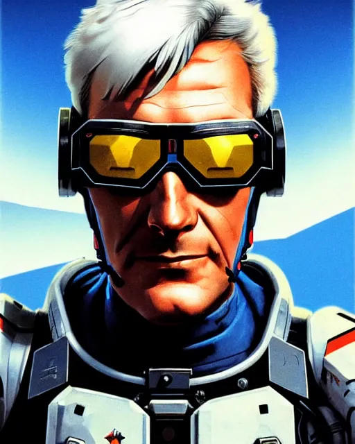 Image similar to soldier 7 6 from overwatch, white hair, character portrait, portrait, close up, concept art, intricate details, highly detailed, vintage sci - fi poster, retro future, in the style of chris foss, rodger dean, moebius, michael whelan, and gustave dore