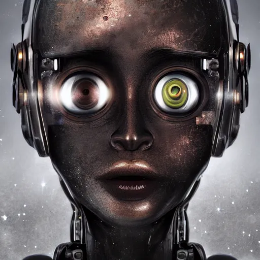 Image similar to a robot face with eyes made out of planets, shiny metal and rusty metal, mech, cyberpunk, artstation, hyperrealism, award winning digital art, photoshop contest winner, futuristic