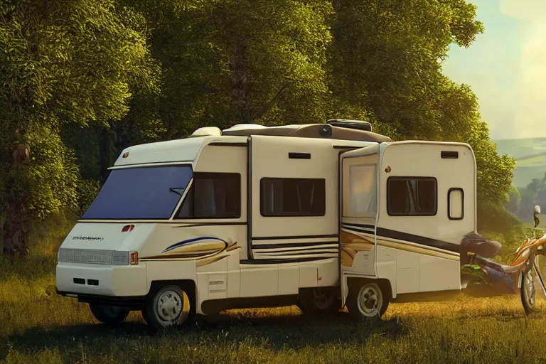 Image similar to a wholesome animation key shot of!! one!! focused! hymer motorhome! in romanian countryside, medium shot, studio ghibli, ( pixar ) and disney animation, sharp, very detailed, high resolution, rendered in unreal engine 5, anime key art by greg rutkowski, bloom, dramatic lighting