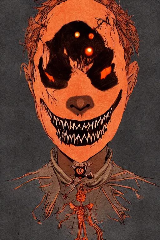 Image similar to a scarecrow with jack - o - lantern head, full body, big two toned eyes, halloween, horror, intricate details, cinematic, epic, realistic, anatomy, tomer hanuka, uplight, artstation, photorealistic, scary