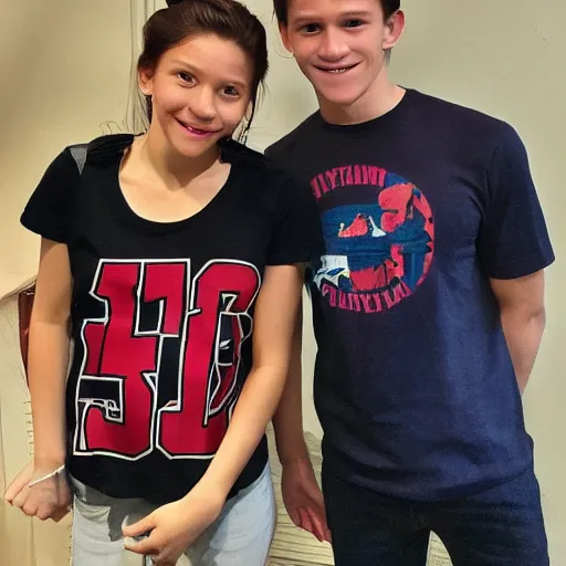 Image similar to Tom Holland wearing a Chapman University shirt with a Filipina college girl