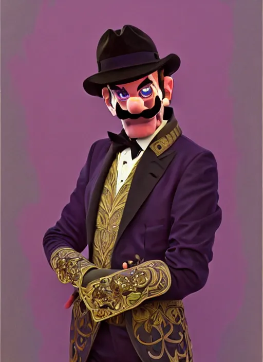 Prompt: oil portrait of waluigi, intricate, elegant, highly detailed, lighting, painting, artstation, smooth, illustration, art by greg rutowski and alphonse mucha