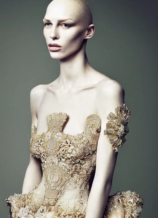 Image similar to glorious and luxurious haute couture dress on pale woman with smooth skin, alexander mcqueen, portrait, voluminous, masterpiece, intricate