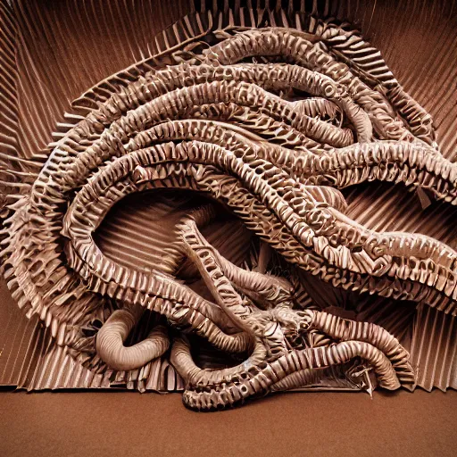 Image similar to tentacles made of brown corrugated cardboard, cut out of cardboard, realistic photography, fantasy