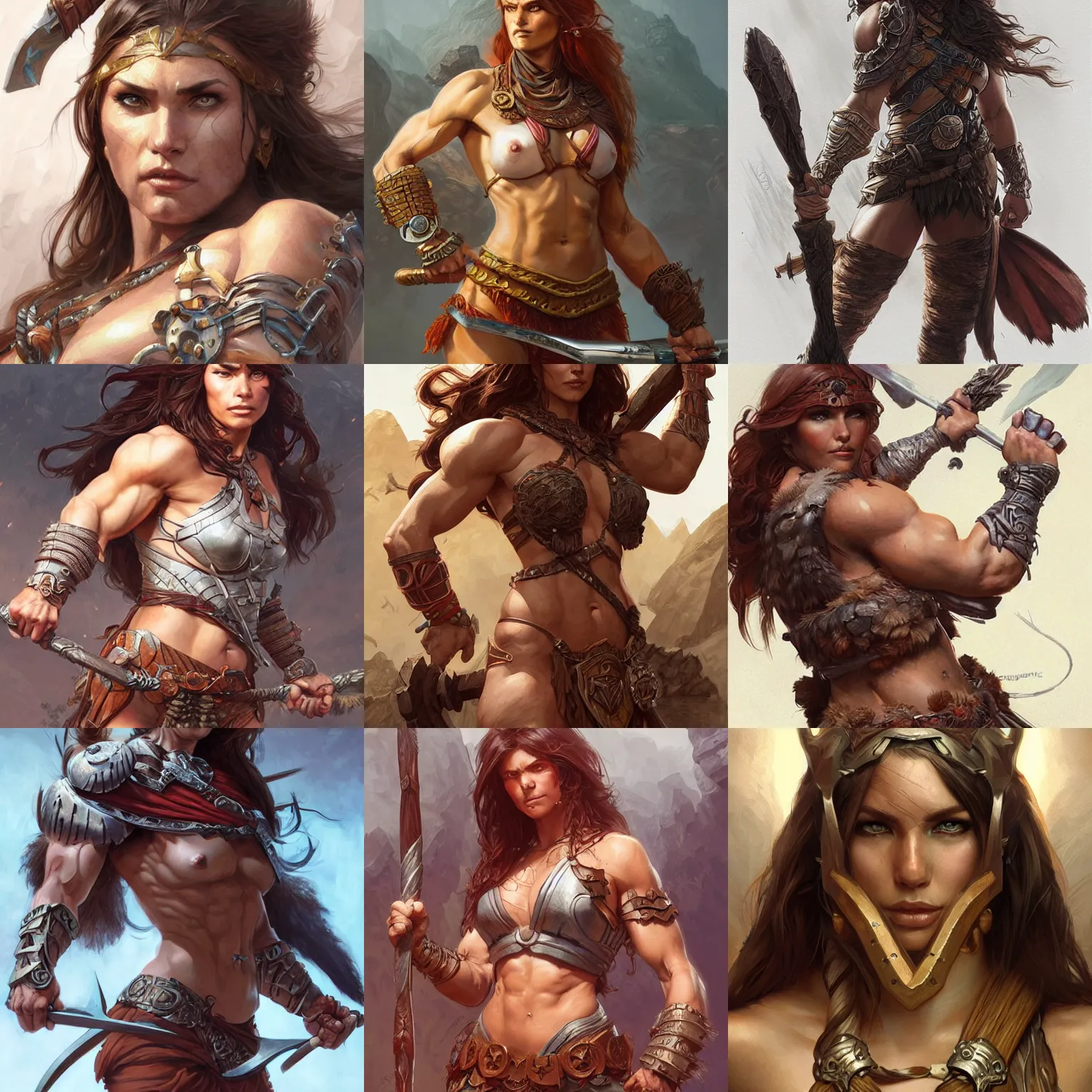 Prompt: barbarian woman, muscular upper body, D&D, fantasy, intricate, wild, highly detailed, digital painting, artstation, concept art, smooth, sharp focus, illustration, art by artgerm and greg rutkowski and alphonse mucha