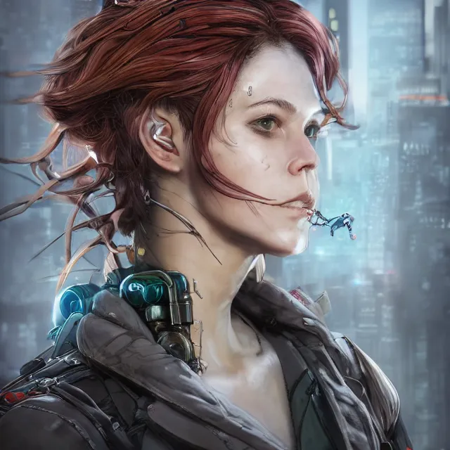 Image similar to the portrait of lawful neutral female cyberpunk infantry sniper as absurdly beautiful, gorgeous, elegant, young woman looking up, an ultrafine hyperdetailed illustration by kim jung gi, irakli nadar, intricate linework, bright colors, octopath traveler, final fantasy, unreal engine 5 highly rendered, global illumination, radiant light, detailed and intricate environment