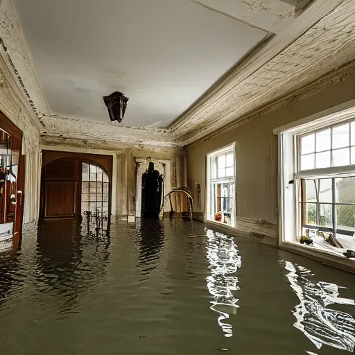Prompt: the inside of a flooded mansion