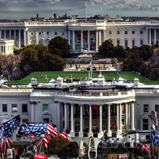 Image similar to capitol riot, View from the top of white house with many people rioting below, hyper-realistic, ultra-detailed, high resolution, HDR shot, cinematic lighting