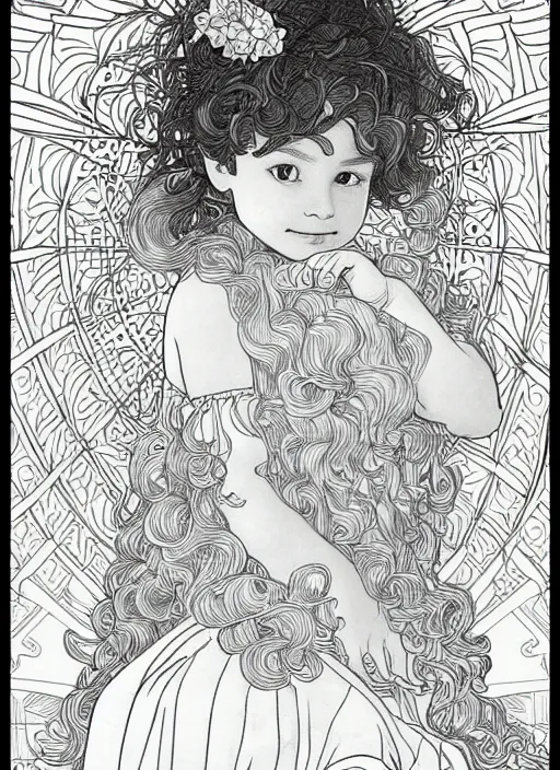 Image similar to clean simple line art of a little girl with wavy curly hair sitting on a tall pile of books. well composed, clean coloring book page, beautiful detailed face. coloring book line art by greg rutkowski and johanna basford and alphonse mucha