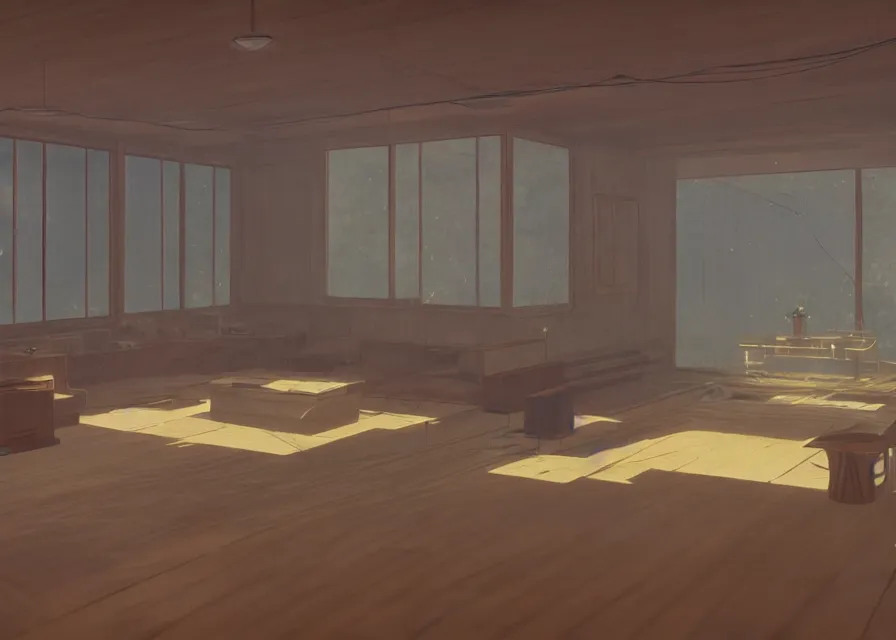 Image similar to interior of a 1 9 7 0 s conversation pit, makoto shinkai, dusty