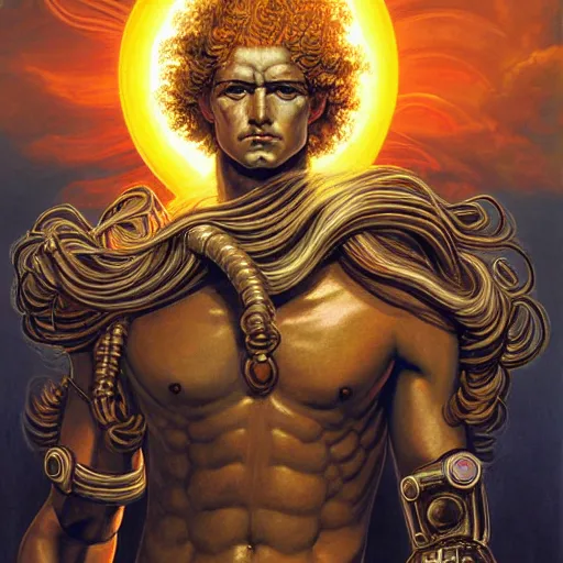 Prompt: beautiful painting of the sun god Apollo as a cyborg with long curly blond hair, full borg cybernetics, in the imperial palace at golden hour, by Peter Paul Rubens and Hajime Sorayama