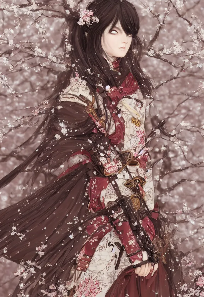 Prompt: detailed portrait of steampunk girl samurai with tachi and cross bow combat pose in snow forest sakura cherry blossom swan hakama kimono trending on artstation elite, elegant, luxury, by krenz cushart junji ito, perfect face, fine details, realistic shaded, fine - face, pretty face