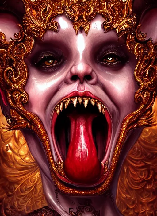 Prompt: naughty devil sticking out tongue, realistic, surealism, lavish, steep, aesthetic, extravagant, shiny, fantasy, intricate, elegant, extremely higly detailed, digital painting, artstation, ornate, grotesque, baroque, concept art, smooth, sharp focus, full body focus, street wear digital art