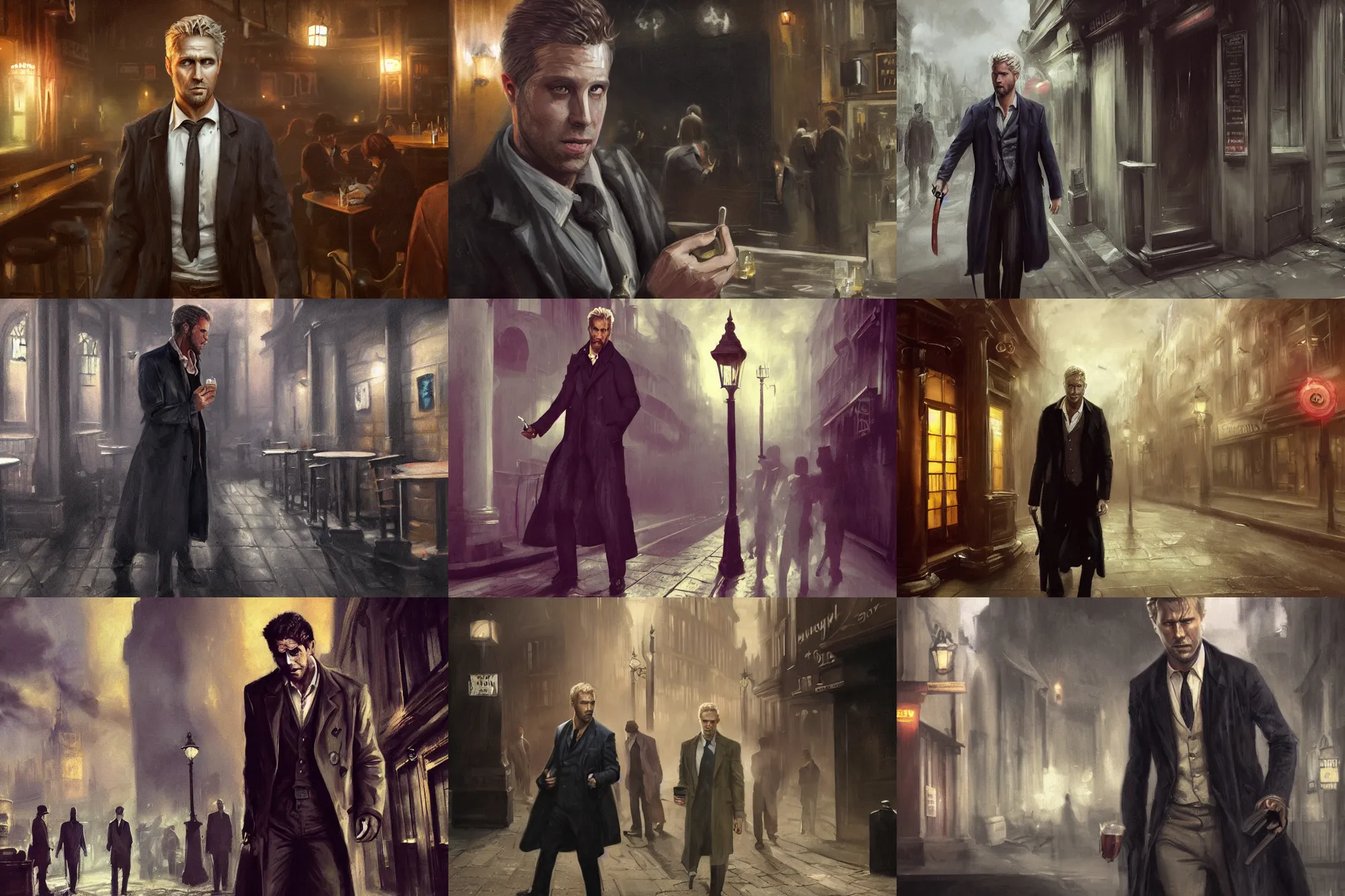 Prompt: matte painting character illustration of a bloodied john constantine going to lunch and drinking at a dive bar in london, digital painting, illustration, constantine, john singer sargent, magical creatures in the background, amazing values, 8 k, gothic, realistic face details, symmetrical face details, realistically rendered face, photorealistic eyes, moody lighting, octane render