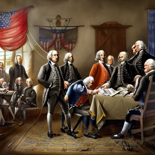 Image similar to founding fathers of america getting raided by swat, highly detailed painting, 4 k resolution photorealistic, high resolution, vray, hdr, hyper detailed, insane details, intricate, elite, ornate, elegant, luxury, dramatic lighting, octane render, weta digital, micro details, 3 d sculpture