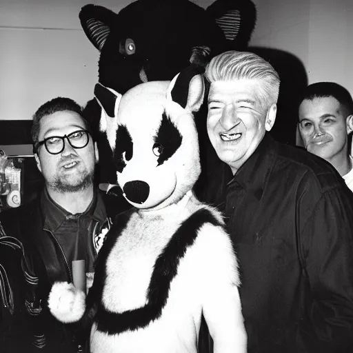 Image similar to David Lynch hanging out with fursuiters at a furry convention, 35 mm, film photo