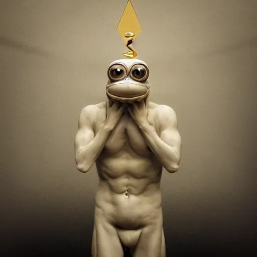 Image similar to a statue made of white marble with gold veins, of pepe the frog, transhumanism, full body shot, perfect symmetrical body, perfect symmetrical face, hyper realistic, hyper detailed, by johannen voss, by peter kemp, by monia merlo, by michelangelo, octane render, blender, 8 k