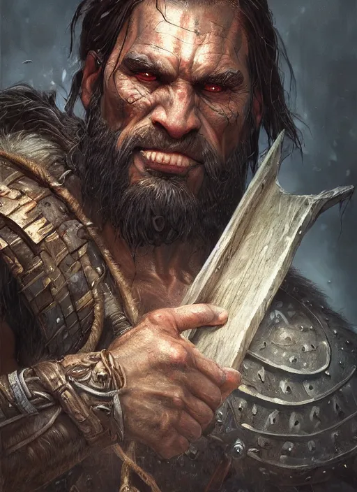 Prompt: realistic portrait painting of a male half - orc fantasy barbarian warrior, old mystic ruins, afternoon, intricate, elegant, highly detailed, digital painting, sharp, focus, by artgerm and greg rutkowski