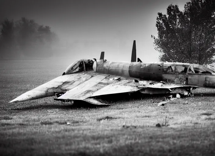 Image similar to black and white photograph of a crashed abandoned fighter jet in kansascity, rainy and foggy, soft focus