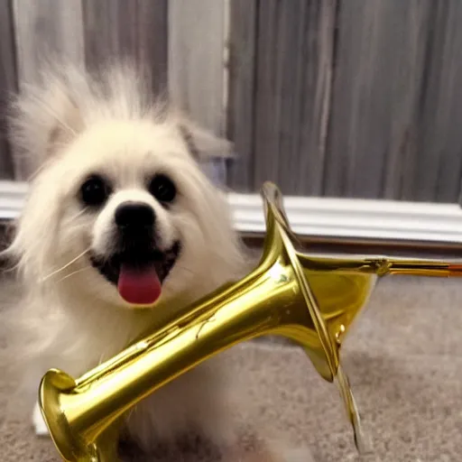 Image similar to a cute lil' trombone dog