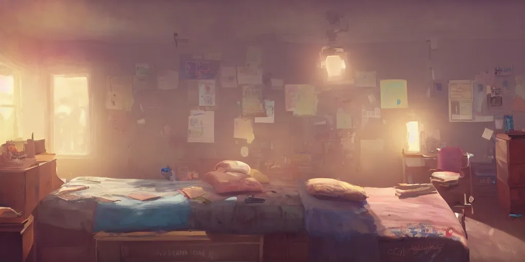 Prompt: an environmental concept art of life is strange, chloe price, bedroom interior, highly detailed, environmental light, cinematic by francis tneh